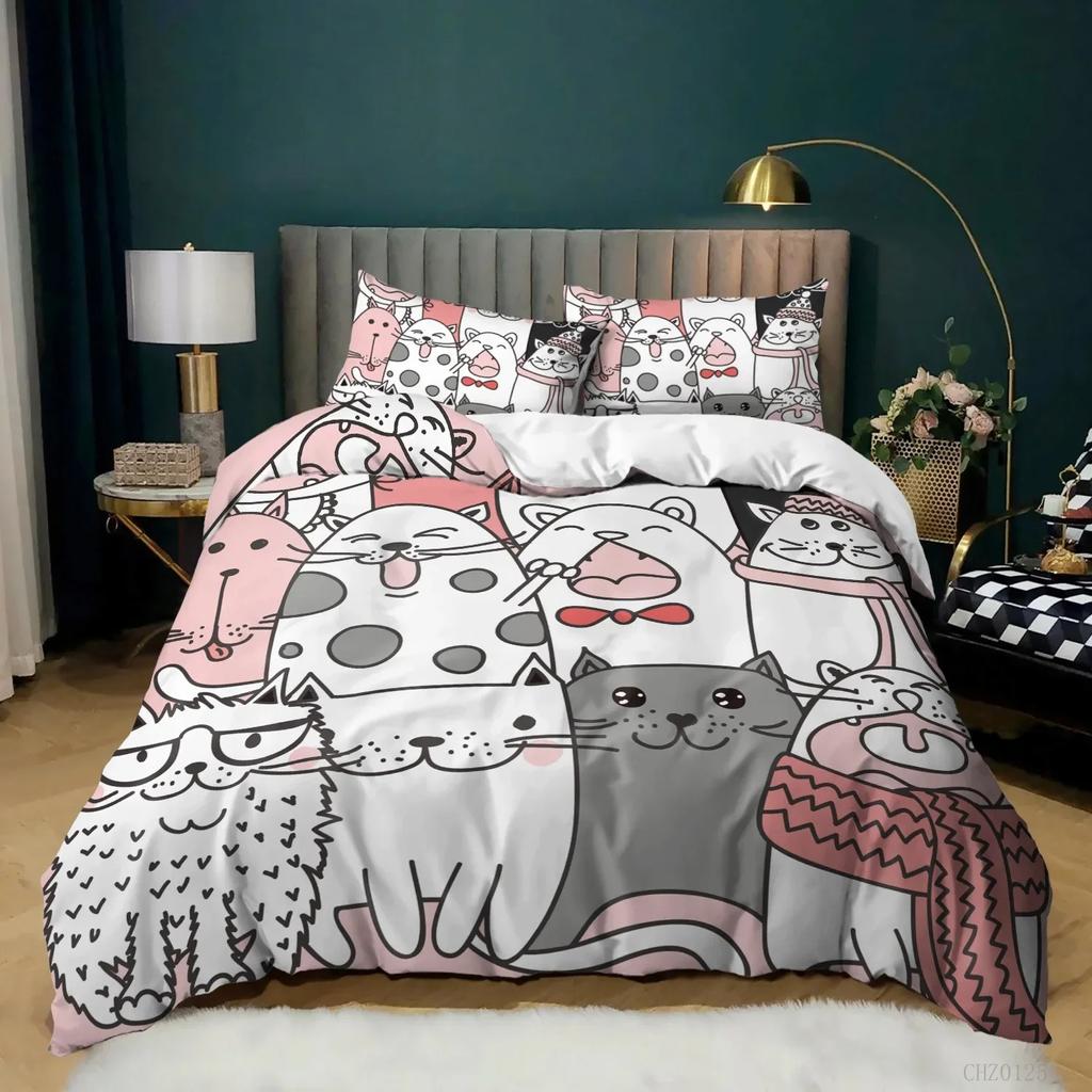 Animal Duvet Cover Set Cartoon Kittens Funny Smiling Doodle Humorous Twin Bedding Set Polyester Quilt Cover