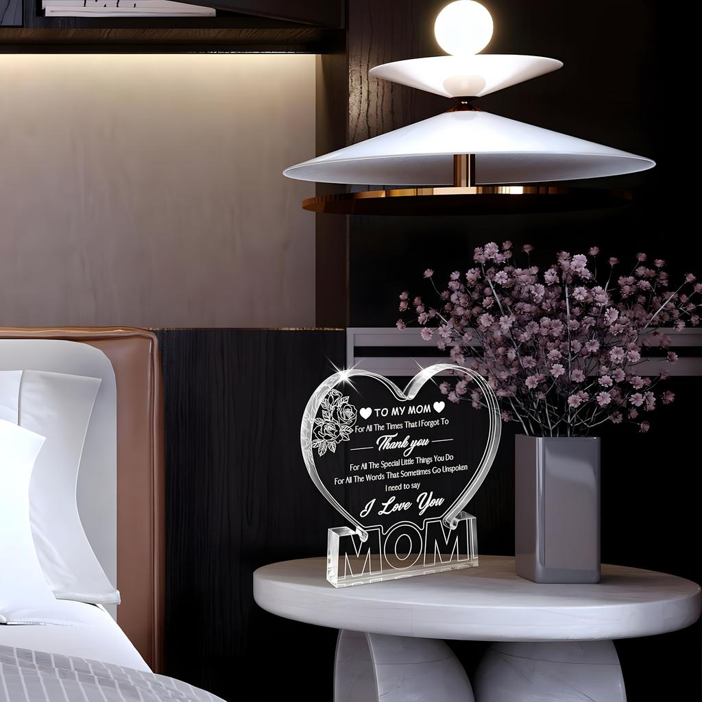 Heartfelt Acrylic Heart-Shaped Plaque for Mom - Engraved with Loving Message, Rose Design, Perfect Gift for Mother'S Day, Valentine'S 