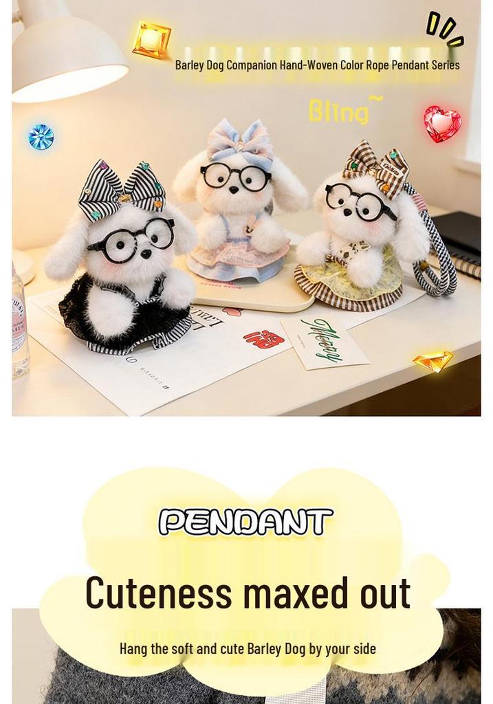 Cartoon Cute Glasses Puppy Plush Pendant – Soft Barley Dog with Skirt and Colorful Rope Doll