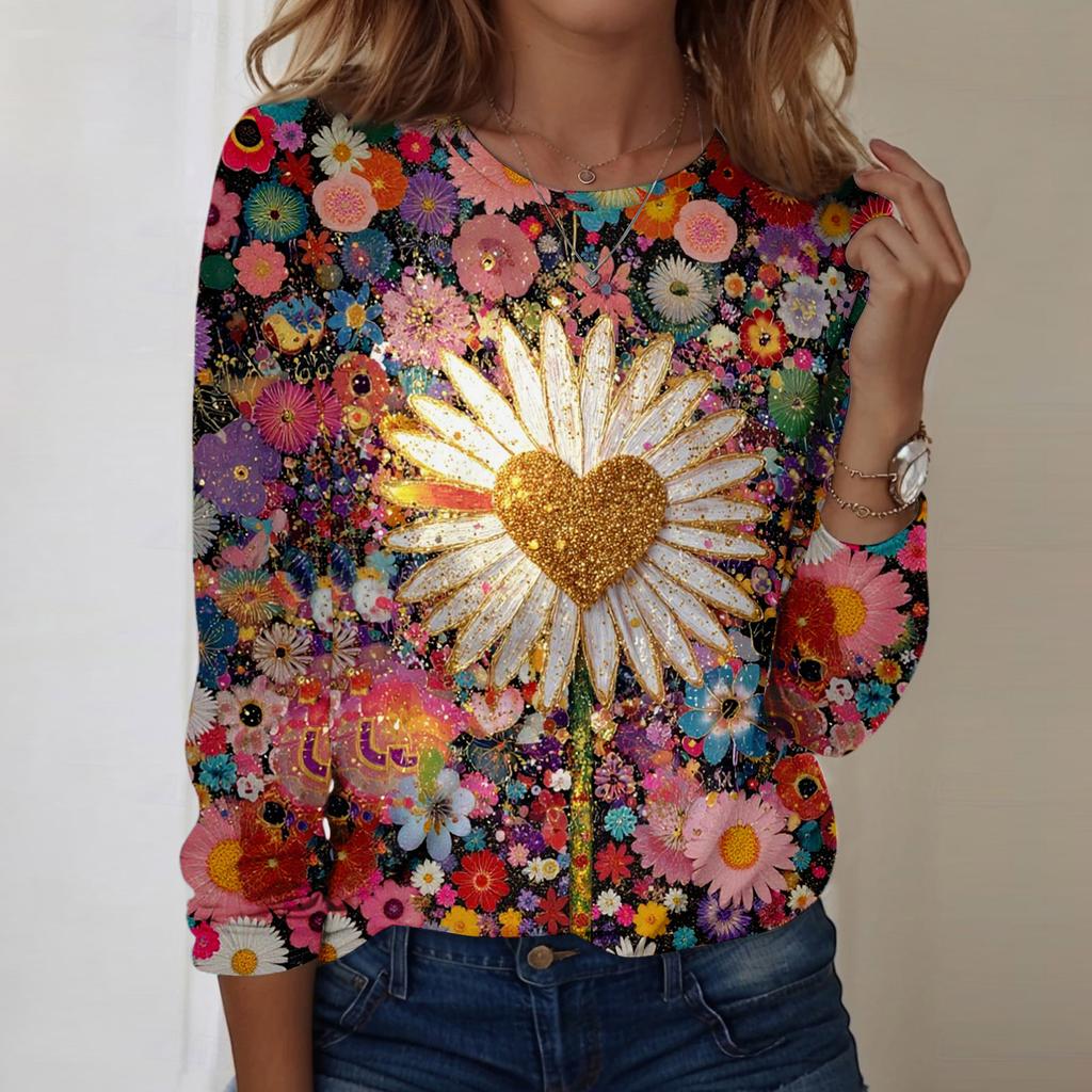 Women's Casual Long,sleeved Valentine's Day Printed Round Neck Top