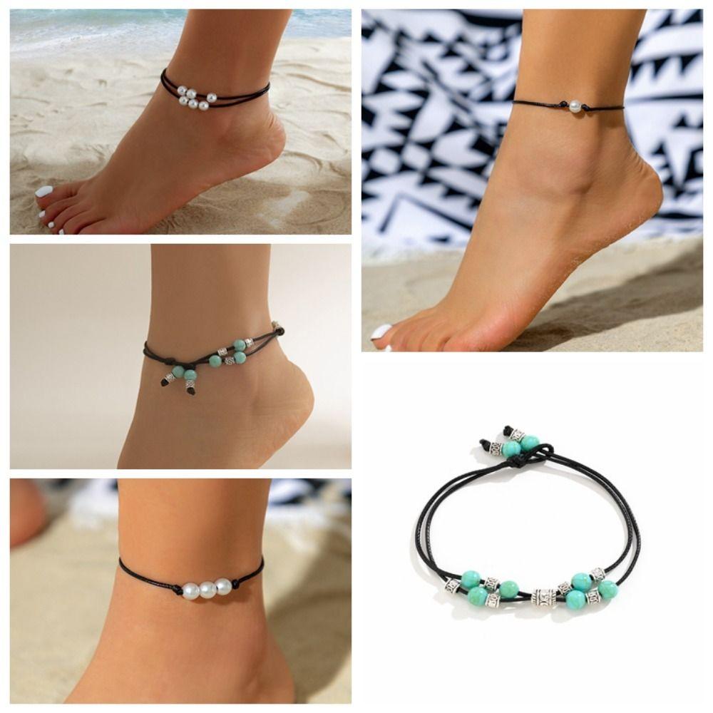

Adjustable Black Wax Thread Ankle Chain Elasticity Simple Beach