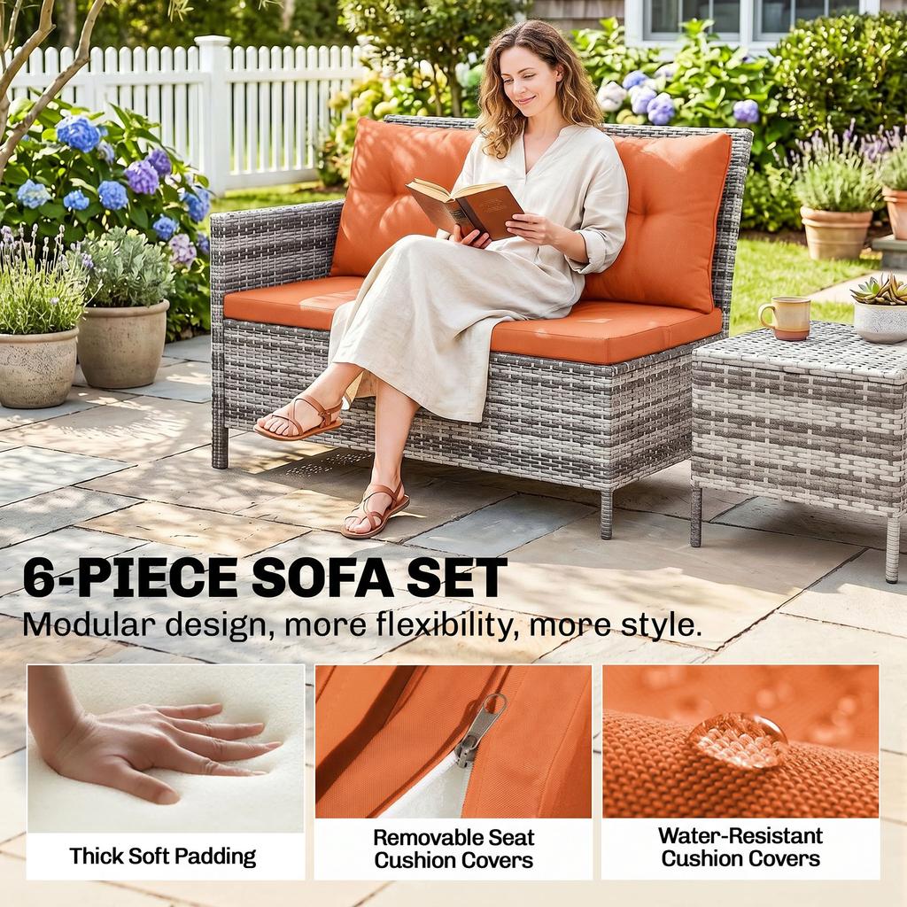 7-Seater Patio wicker Sofa Set Rattan Chair Furniture w/ Glass & Cushioned, Orange