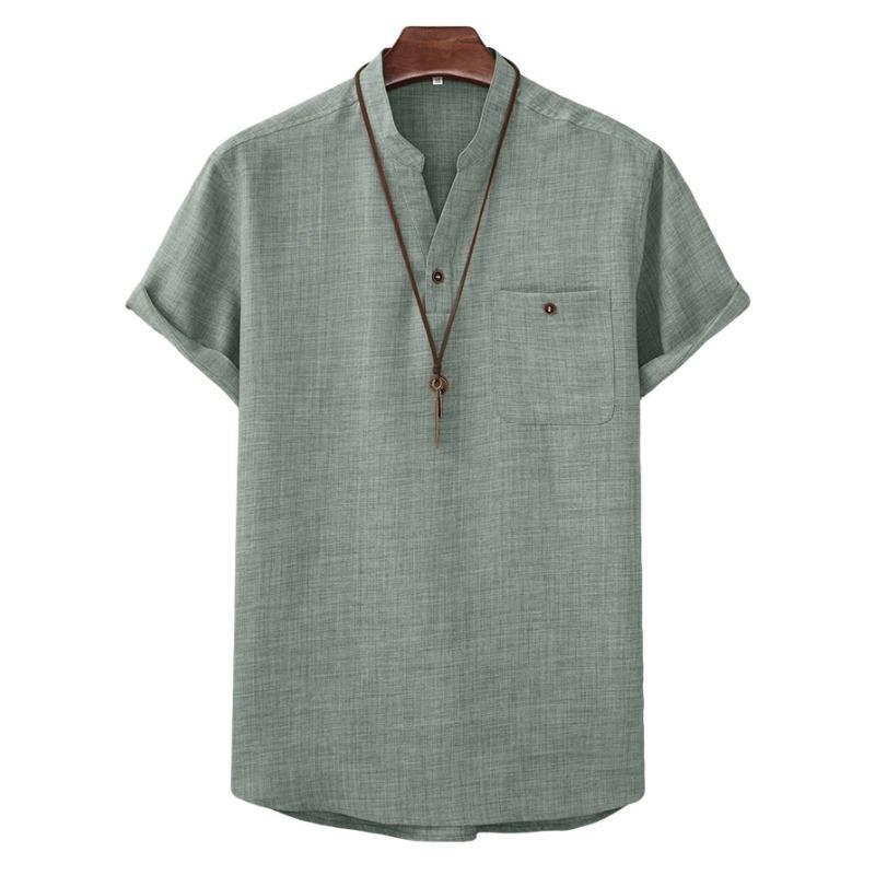 Мужская повседневная летняя дышащая рубашка-henley из смесовой льняной ткани с воротником-стойкой и коротким рукавом S