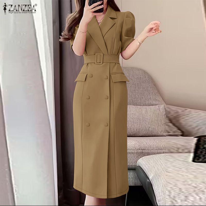 ZANZEA Women Casual Turn Down Collar Short Sleeve Sheath Dress