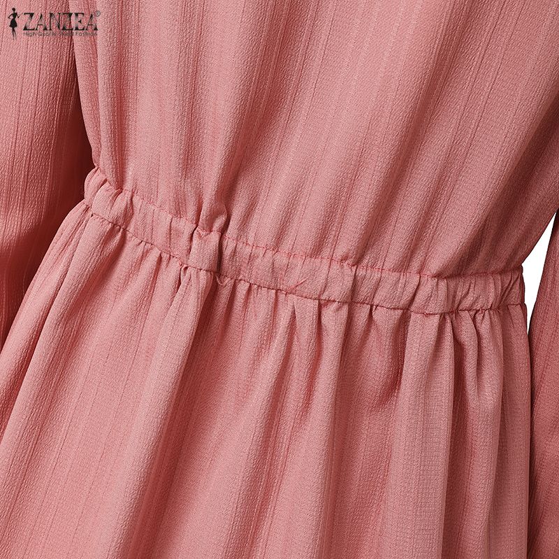 ZANZEA Lässiges, einfarbiges, langärmeliges Kleid mit Rundhalsausschnitt für Damen