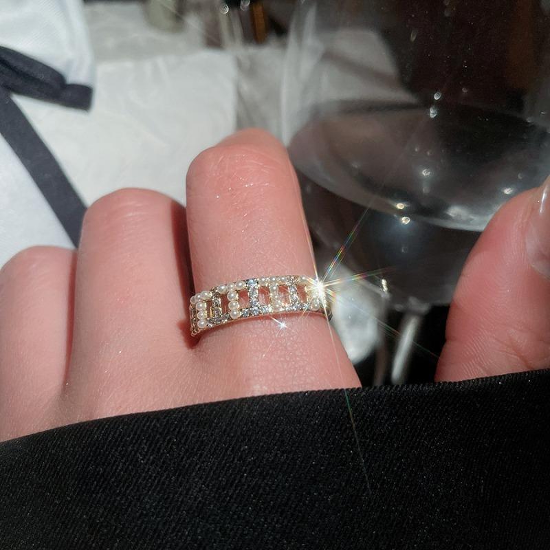 Cold wind zircon pearl opening ring Korean elegant temperament versatile index finger ring light luxury high-end jewelry women