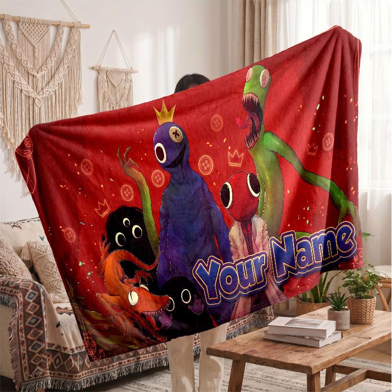 Rainbow Friends Personalized Flannel Blanket, Custom Printed Text Name, Warm Soft Blanket For Couch Bed