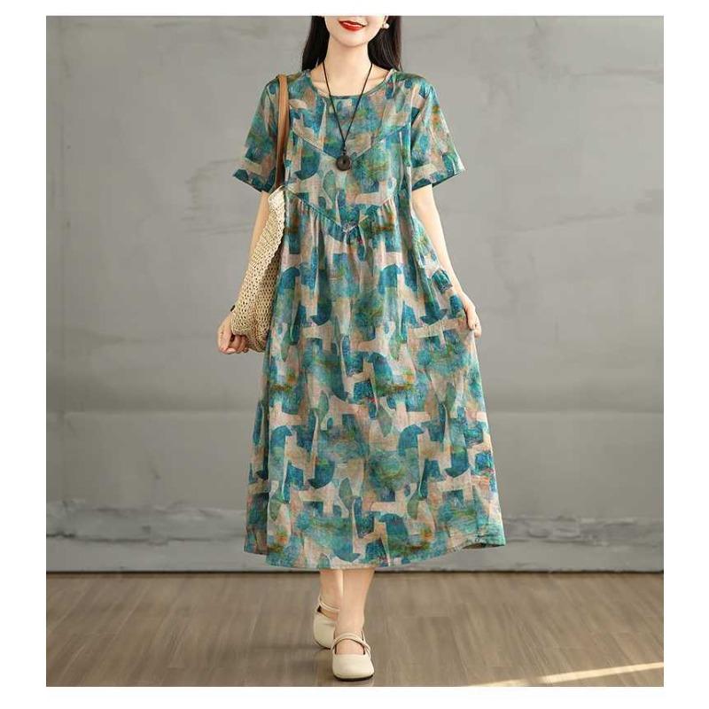 Summer Retro Cotton and Linen Round Neck Short Sleeved Dress, Women's Loose Skirt