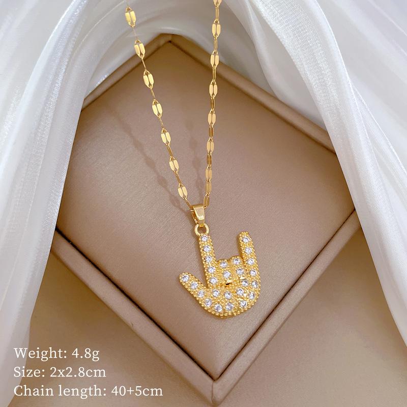 Finger 666 Light Luxury Temperament Gorgeous Full Diamond Necklace Women'S Versatile Collarbone Chain Titanium Steel Chain