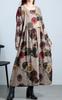 Gold Japan Plus Size Long Dress with Vintage Long and Gathered Perfect for and Size Brown Women's Print, Sleeves, A-Line, Flared, Design, Fall,