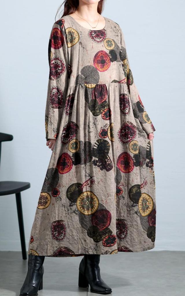Gold Japan Plus Size Long Dress with Vintage Long and Gathered Perfect for and Size Brown Women's Print, Sleeves, A-Line, Flared, Design, Fall,