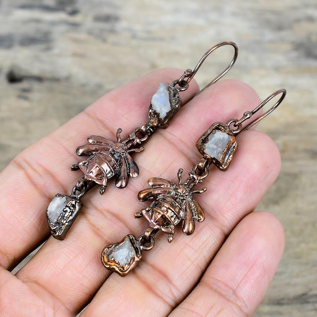 Rainbow moonstone rough earring electroformed copper earrings real gemstone earring handmade copper jewelry honey bee earrings gifts for her
