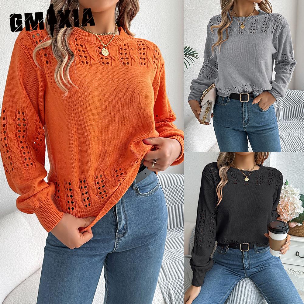 GMXIA Autumn and Winter Casual Solid Color Hollowed-out Lantern Sleeve Pullover Sweater Women's Wear