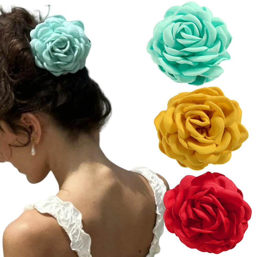 2/3 PCS New Solid Color Fabric Rose Flower Hair Claw for Women Girls Barrette Elegant Shark Clips Set Headwear Accessories Gifts