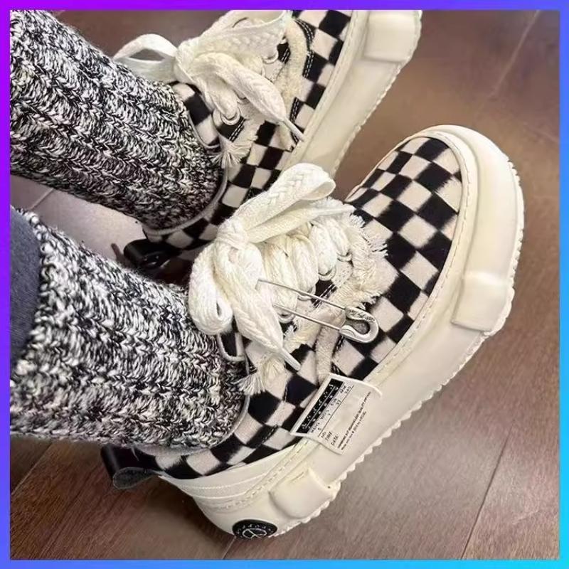 2025 New Black White Checkerboard Canvas Shoes Platform Thick Sole Lift Insoles Sport Casual Lovers Couple Unisex Sneakers