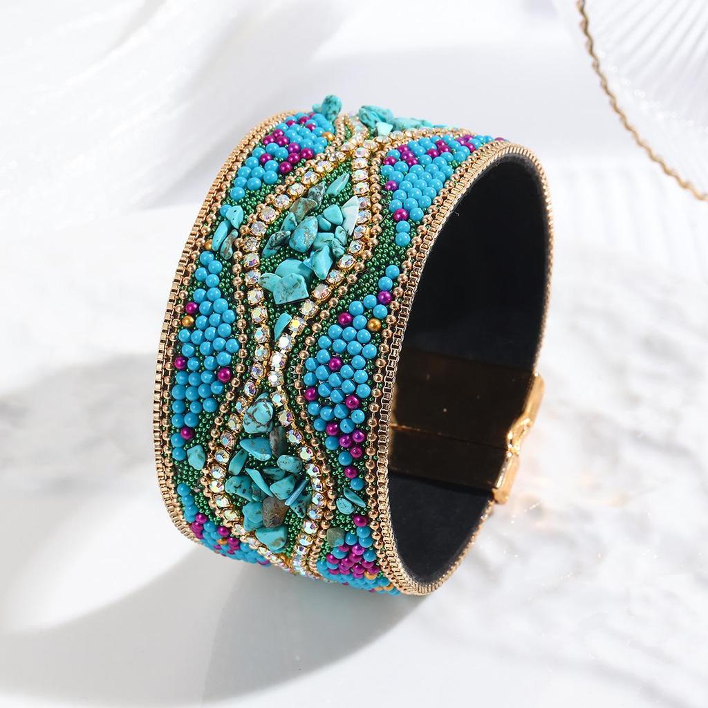 Cross-Border Bohemian Gemstone & Crushed Stone Bead Leather Bracelet for Women with Stainless Steel Magnetic Clasp