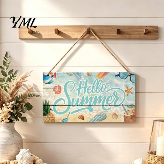 Beach House Wall Sign Summer Wooden Hanging Sign, Theme Welcome Front Door Decor with Themed Gifts Rope, Colorful Hanger for Seasonal Farmhouse Floral