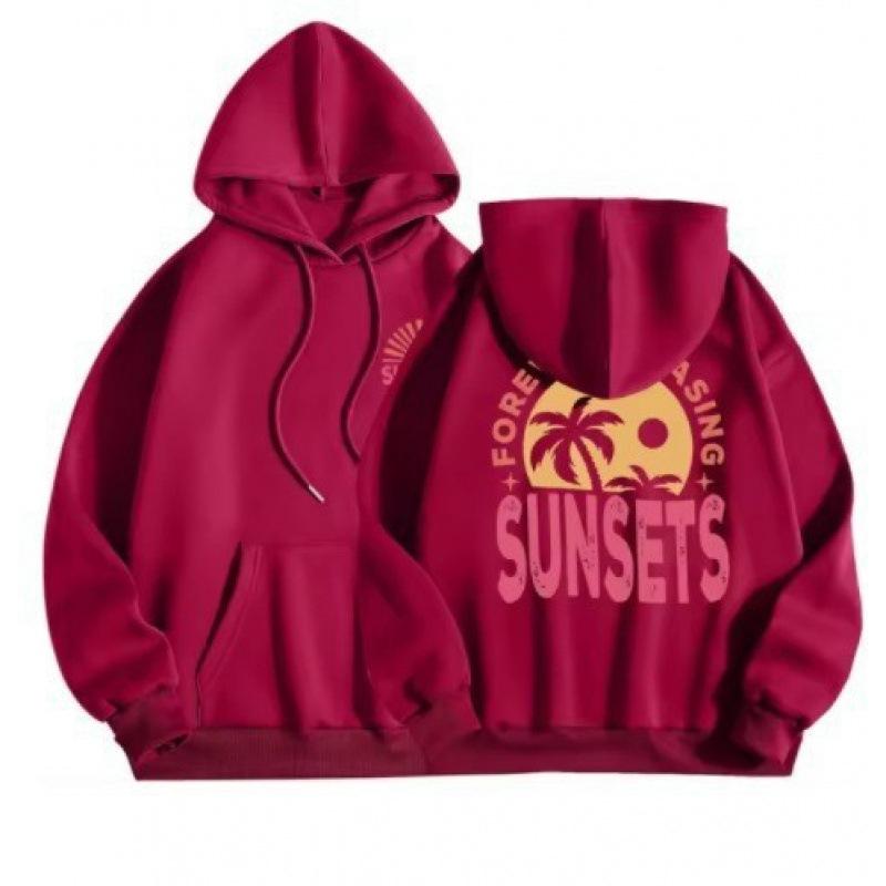 Women's Warm Casual Top Sunset Style Fashionable Printed Hoodie Back Letter Slogan Drawstring Hoodie