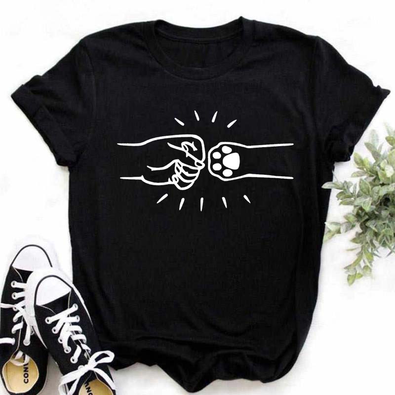 Women Dogs Paws Love Heart Printed T-shirts Fashion Summer Short Sleeve Lady Womens Clothes Tops T-Shirt Black Shirt Tees Female