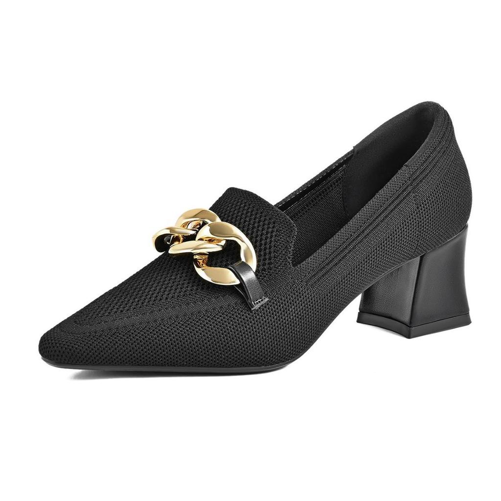 2026 European Style Flyknit Slip-on Loafers with Metal Decoration and Chunky Pointed Toe Heel