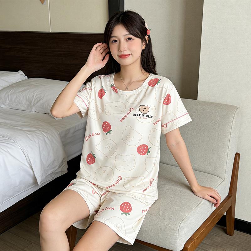 Summer comfortable crew neck pajamas for women, striped cartoon short-sleeve three-piece loungewear, in stock, direct order
