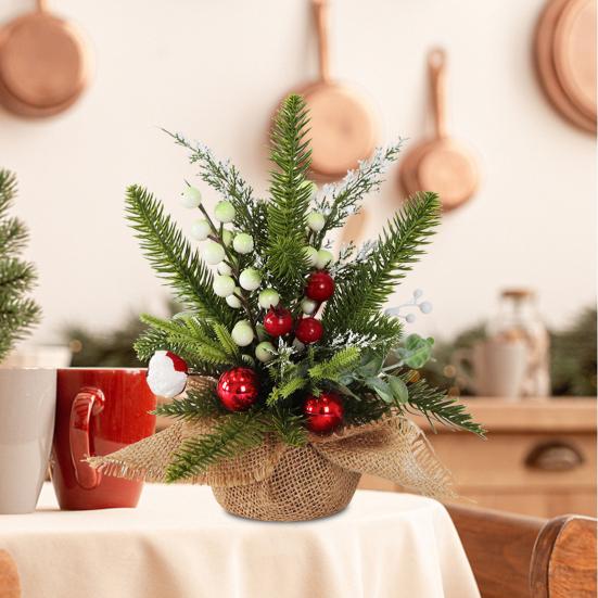 Small Christmas Artificial Plants with Burlap Base Faux Pine Branches with Red Berries/Poinsettias Flower