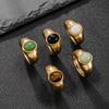 Neuer Vintage Ovaler Natursteinring für Damen Edelstahl Goldfarbener Ring Party Schmuck