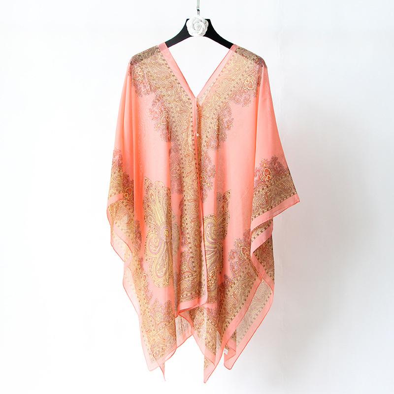 Beach Sun Protection Shawl Women Clothes Summer Beach Bikini Cover Up Loose Chiffon Blouse Shawl Scarf With Buttons