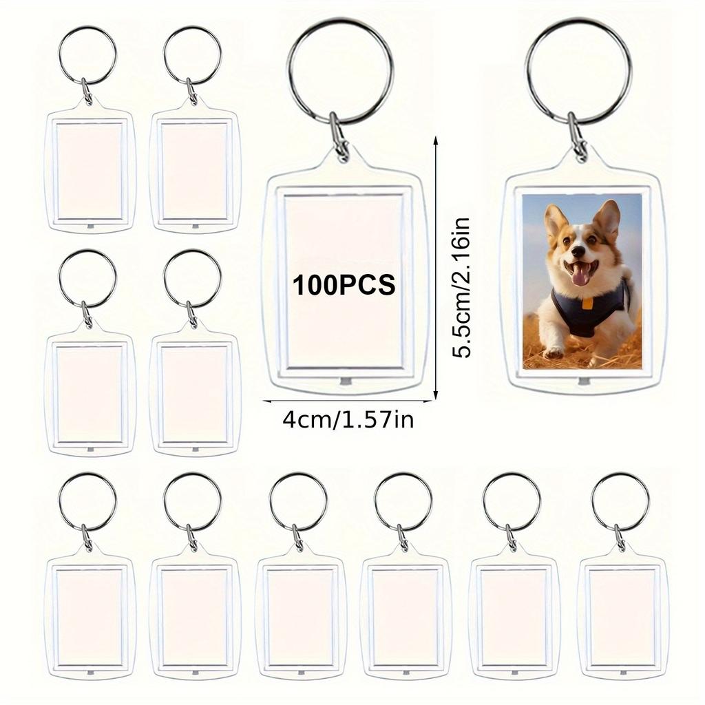 50/100pcs Clear Acrylic Photo Frame Keychains DIY 2D Picture Holders Frame Keychain Kit with Silvery Ring for Backpacks Car Keys