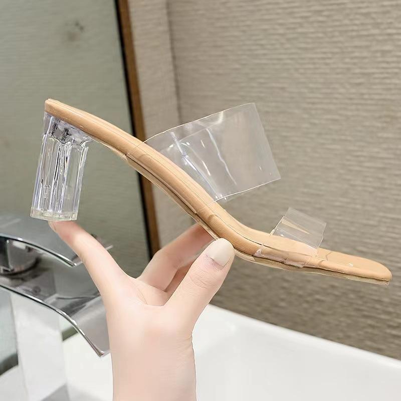 Cool tofflor yttre tjock klack sommar hög klack transparent enords tofflor kristall och halvtofflor cool tofflor kvinnor