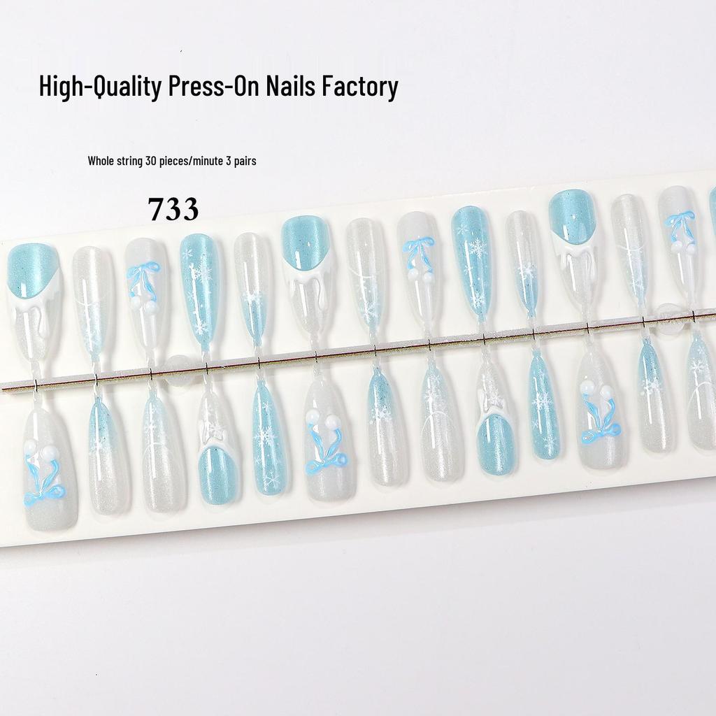 French Icy Cat Eye Press-On Nails - Embossed Translucent Winter Love Letter Design