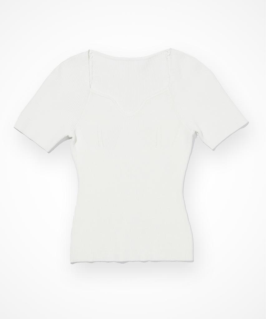210EDIT Ribbed Heart Neck Short Sleeve Knit [Cream]_Ze2Sw505_Crm