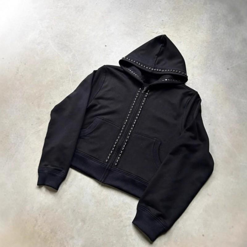 Unisex Hooded Zip-Up Sweatshirt With Beaded Embellishment Streetwear Loose Fit Long Sleeve Black Gray