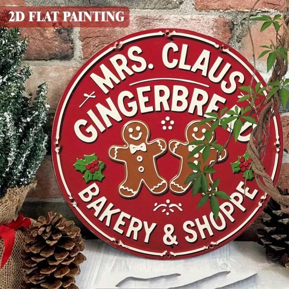 Vintage Mrs. Claus Gingerbread Bakery Shop Sign 8x8 Inch Round Aluminum Metal Wall Art Christmas Decor