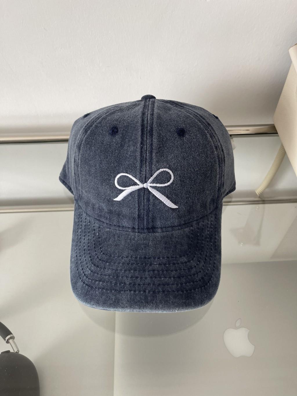 

Bow Embroidered Fashion Baseball Cap Womens Washed Cap Show Face Cap Small Navy Blue