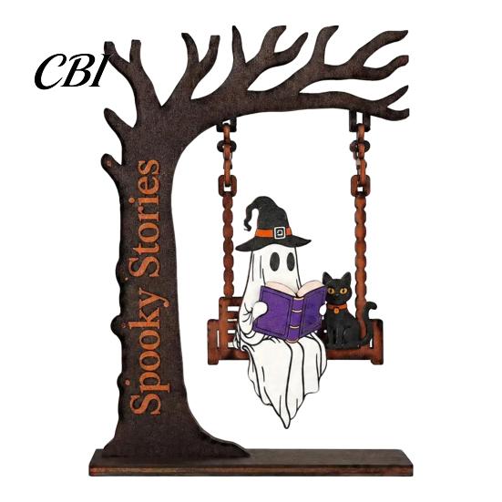 Kantoorbureau Decoratie Items Halloween Desktop Schommel Decor, Spookachtige Huis Lezen Geest op Een Beeldje Uniek Houtbewerking Cadeaus voor Woonkamer Keuken