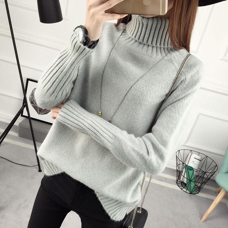 

Осенне-зимний женский свитер, рубашка с длинным рукавом, свободный свежий пуловер с высоким воротом, вязаный свитер One Size светло-серый