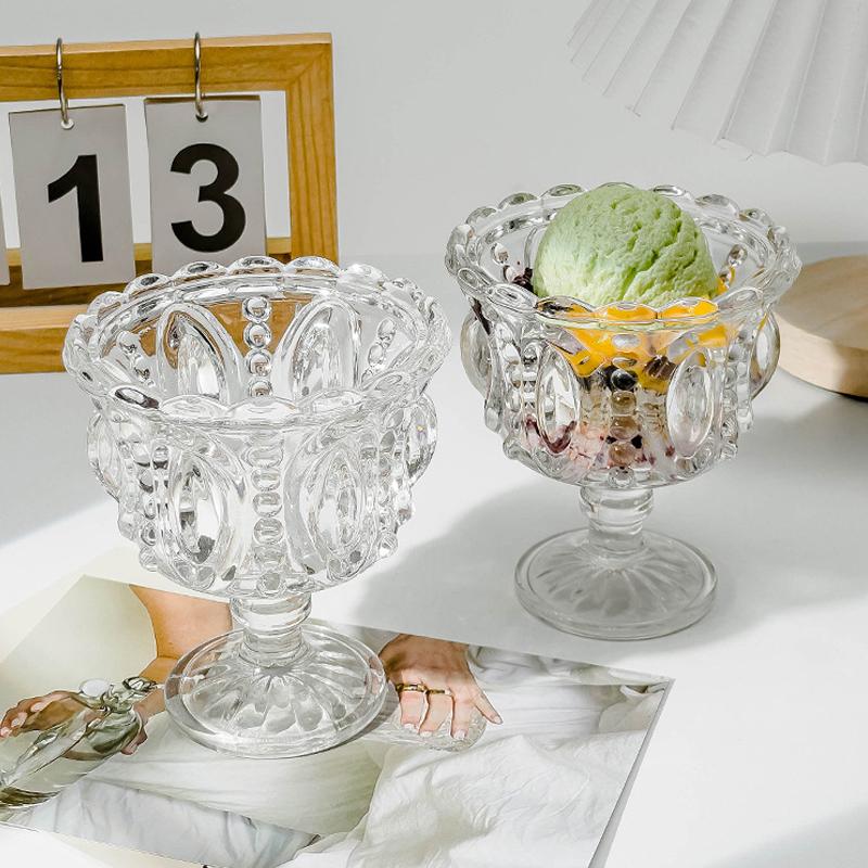 1PC Color Blocking Ice Cream Bowl Dessert Cup Palace Style Highball Glass Gift Tableware Vintage Embossed Design Elegant 200ml