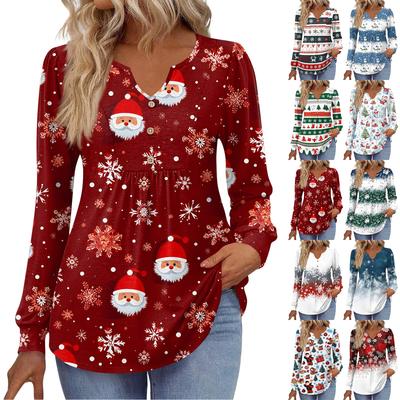 Damen Modische Lässige V-Ausschnitt Bluse Knopf Weihnachten Bedruckt Langarm Pullover T-Shirt Top