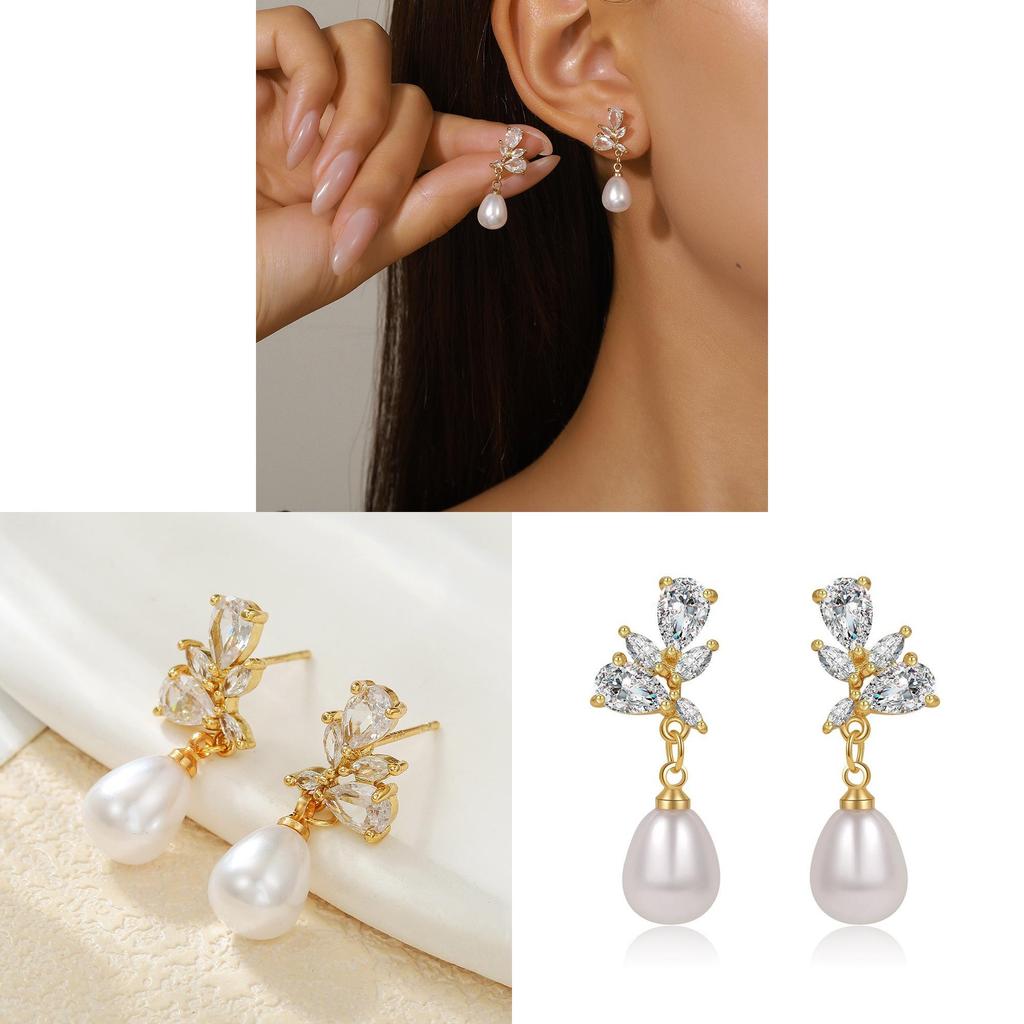 Geometric Style Gold Plated Copper Pearl Drop Earrings For Women Wedding Jewelry