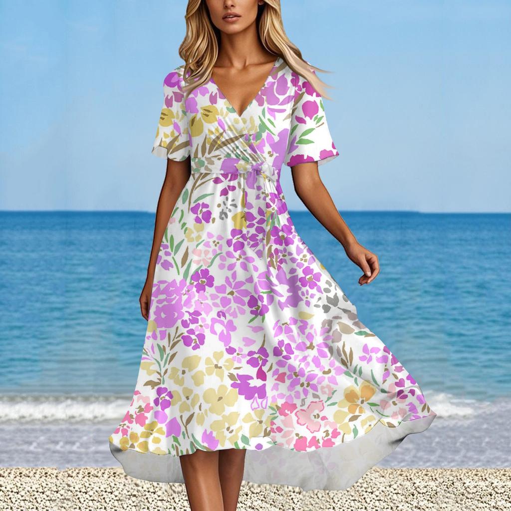 Women's Summer Fashion V-Neck Flared Dress Short Sleeve Floral Dresses