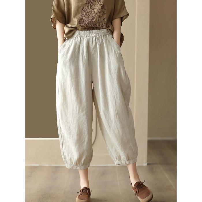 Pantaloni a Nove Punti Retro a Gamba Larga in Cotone e Lino con Vita Elasticizzata per Taglie Forti