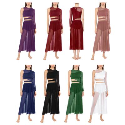 Women Lyrical Dance Costumes Sleeveless Mesh Tulle Flowy Maxi Long Dress Modern Contemporary Dancewear