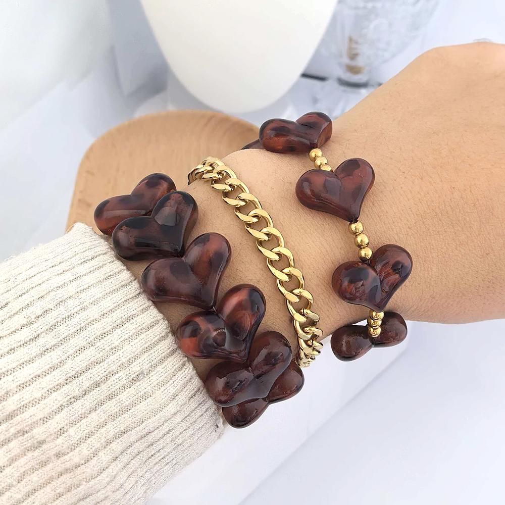Heart Leopard Print Bracelet Women Resin Stainless Steel Thick Chain Geometric Gold Beads Statement Coffee Trendy