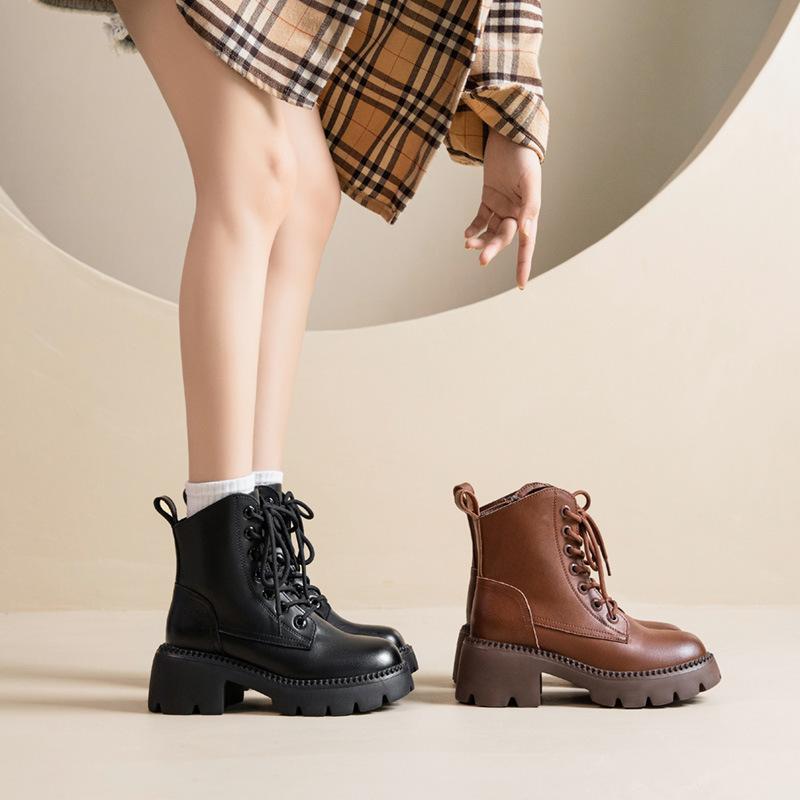 Women New Fashion Short Boots Women Cowhide Retro British Style Ankle Boots Casual Zipper High Heels Thick Soled Women Shoes