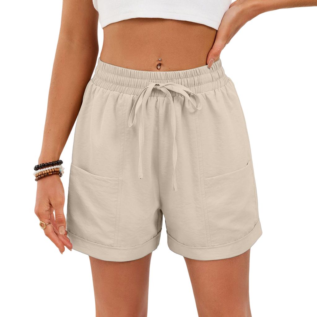 Women's Casual Fashion -Color Elastic Waistband Pocketed Wide-Leg Straight-Cut Shorts