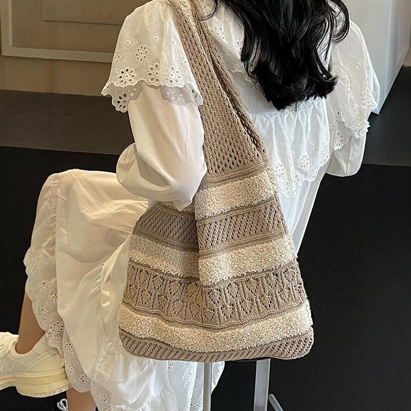 Yogodlns Модная винтажная полосатая вязаная сумка-тоут с цветными блоками — фото 9