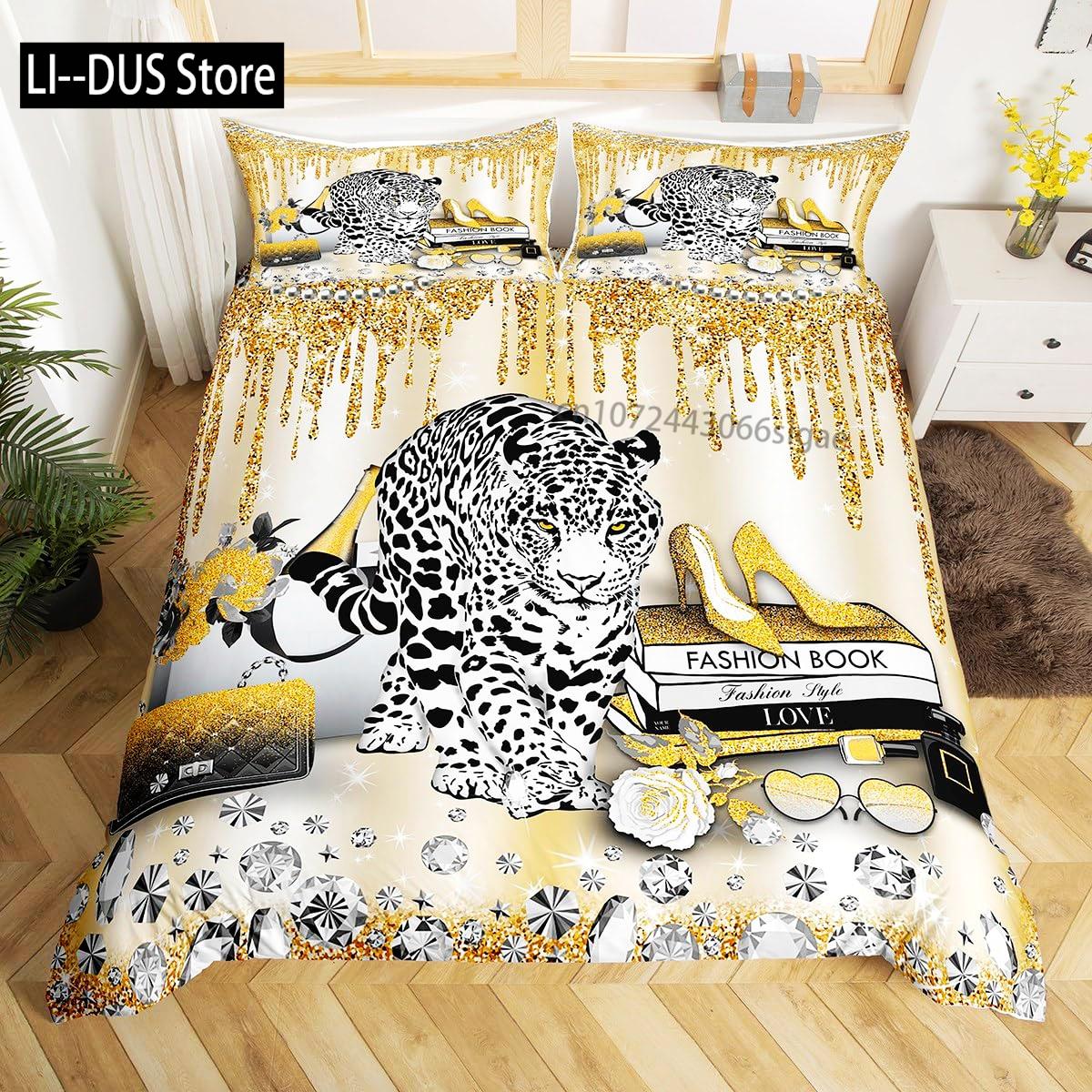 

Comforter Leopard Glitter Kids Girls Diamond Starry Bedding Set King Size Sparkling Jewelry Comforter Bedroom Decor 3Pcs Comforter (quilt)-EU Single(135*200cm)3pcs