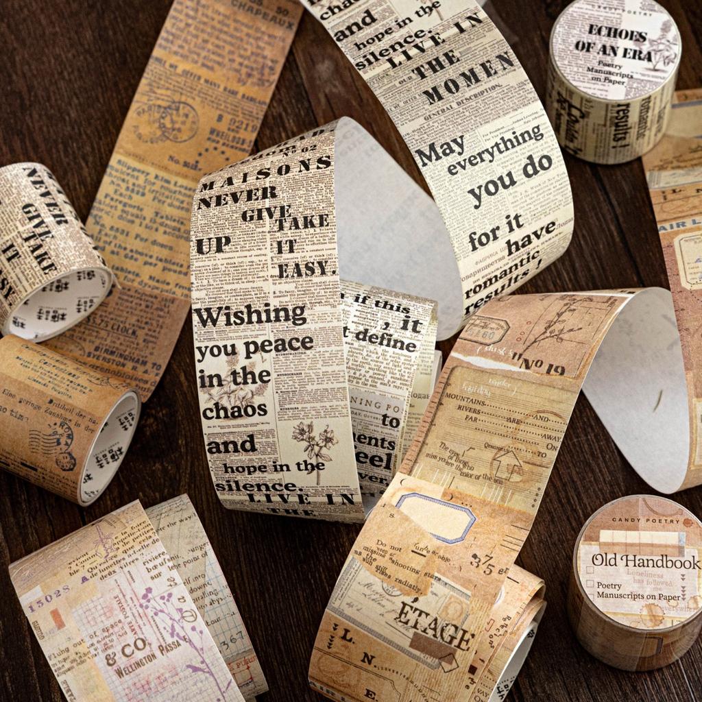 40mm*2m Vintage Washi Paper Tape Sticker Set with Adhesive for Scrapbooking, Junk Journal Decorations, Crafting Supplies