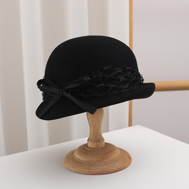 French Celebrity Mesh Ribbon Lampshade Hat Women's Autumn and Winter Wool Top Hat Thousand Gold Bow Basin Hat High Quality Tide